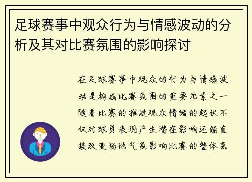 足球赛事中观众行为与情感波动的分析及其对比赛氛围的影响探讨