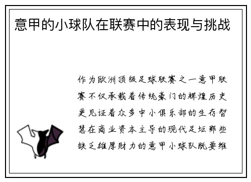 意甲的小球队在联赛中的表现与挑战